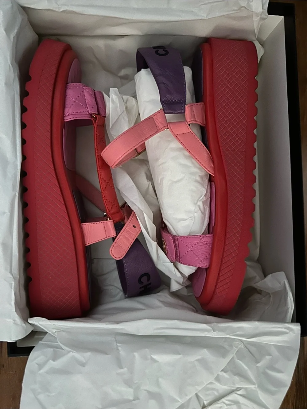 CHANEL Pink Purple & Red Quilted Sandals